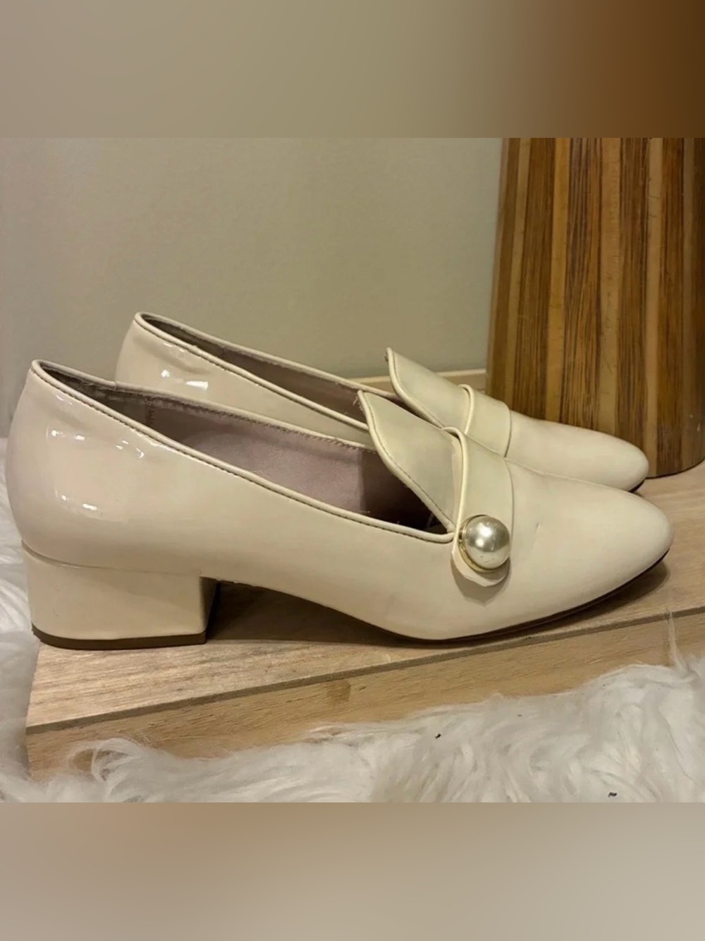 Zara Cream Patent Loafers with Pearl Accent